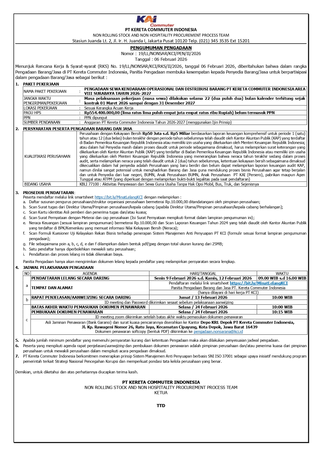 2 pengumuman 19 sewa kendaraan operasional area 8 pt kci 2026 2027 page 0001